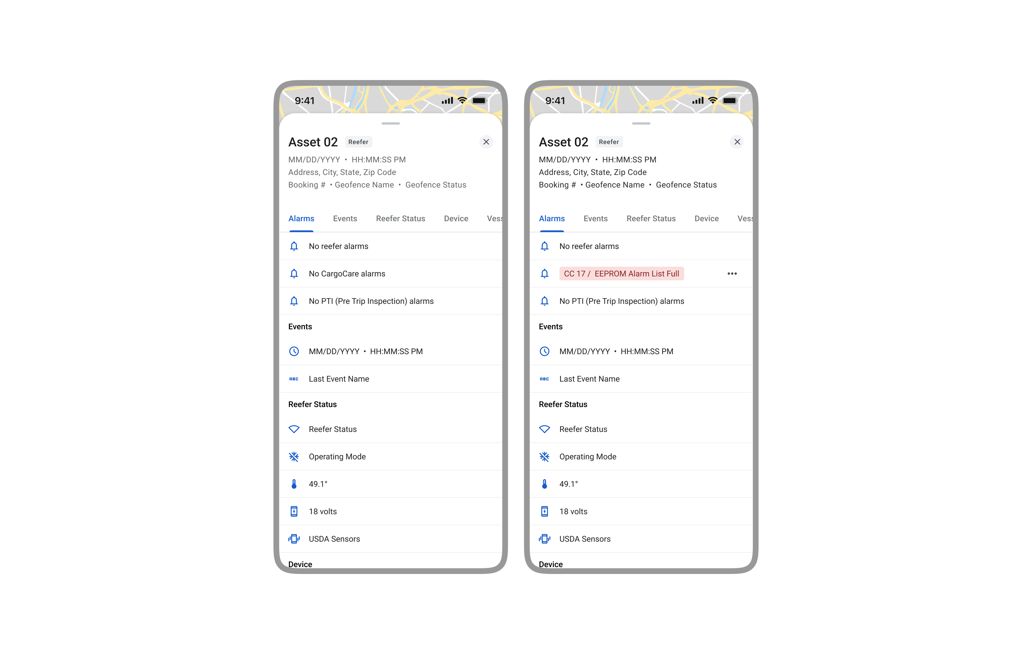 Mobile app interface showing two asset detail screens, one with no active alarms and one with active alarm status grouped by category.